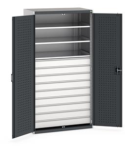 Bott cubio kitted cupboard with lockable steel perfo lined doors 1050mm wide x 650mm deep x 2000mm high.  Supplied with 9 x 125mm high drawers and 3 x metal shelves.   Drawer capacity 75kgs, shelf capacity 100kgs.... Bott 1050mm wide x 650mm deep pre Kitted cupboards with Shelves Drawers or Eurocontainers